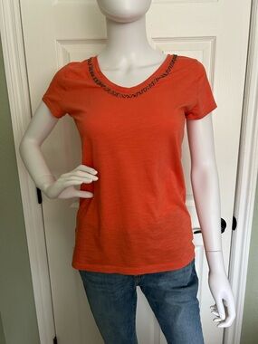 LOFT Orange Short Sleeve Tee with Metal Embellished Neckline